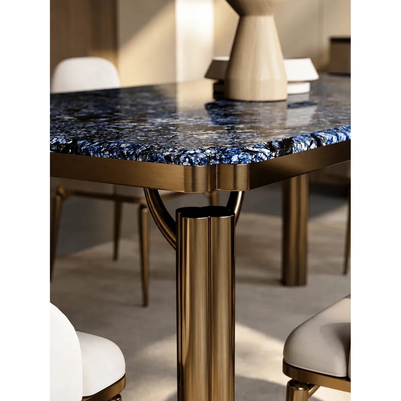 Blue Veined Marble Dining Table Series with Bronze Sculptural Base