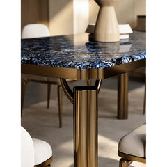 Blue Veined Marble Dining Table Series with Bronze Sculptural Base