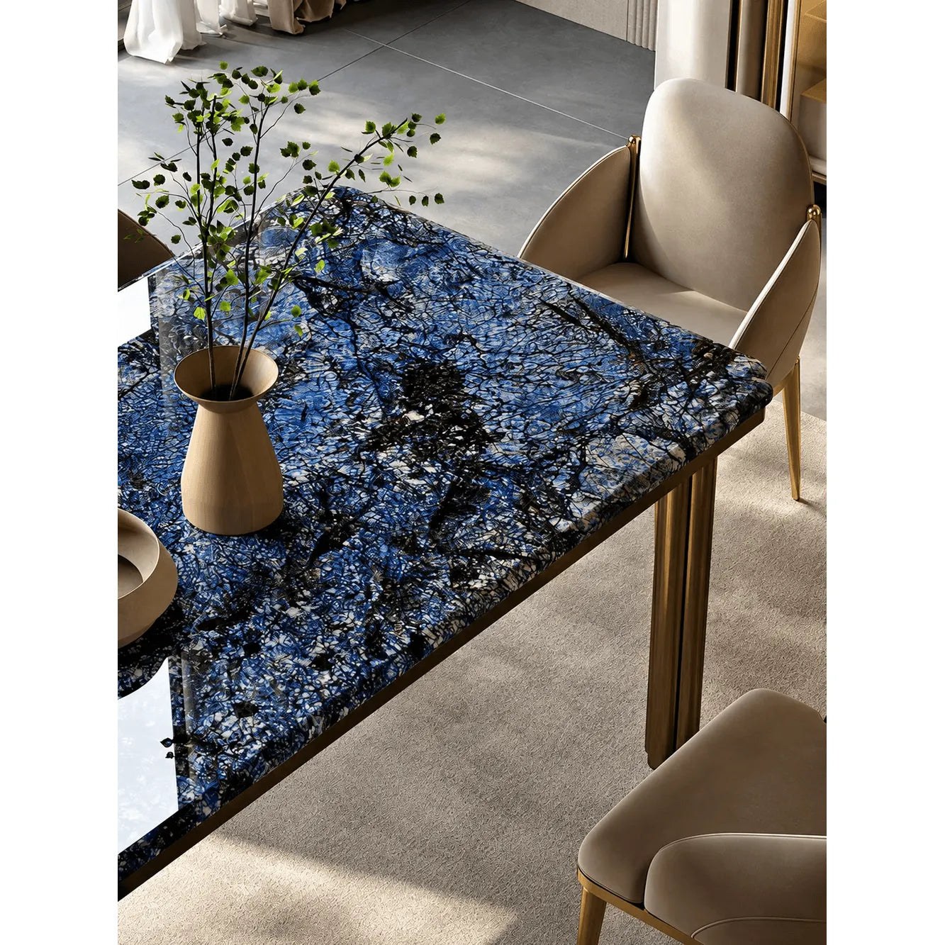 Blue Veined Marble Dining Table Series with Bronze Sculptural Base Main Product Image