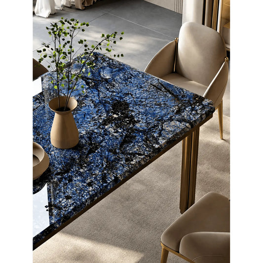 Blue Veined Marble Dining Table Series with Bronze Sculptural Base Main Product Image