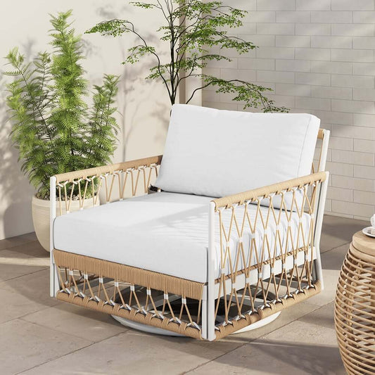 Bohemian-Style Swivel Accent Chair with Handwoven Rope and Aluminum Frame