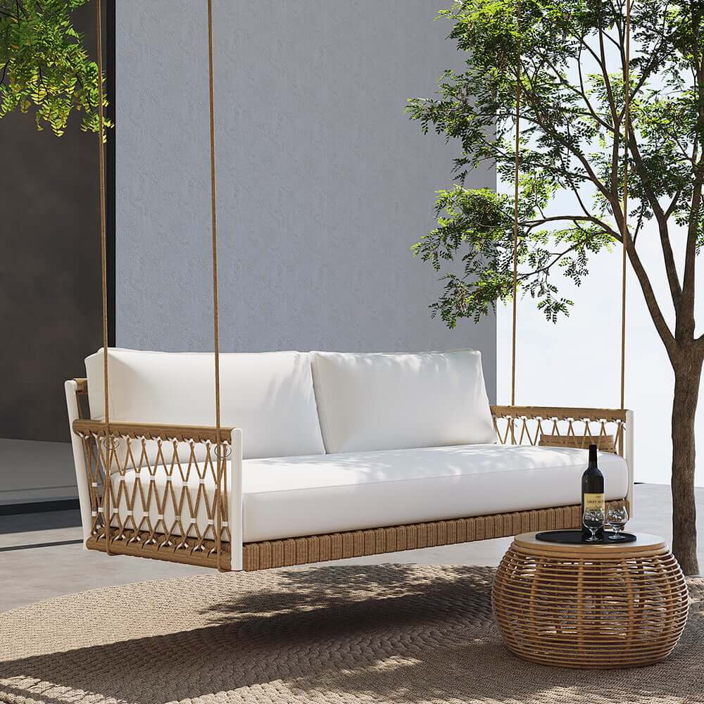 Boho 1-Seater Outdoor Swing Sofa with Handwoven Rope and Cushion