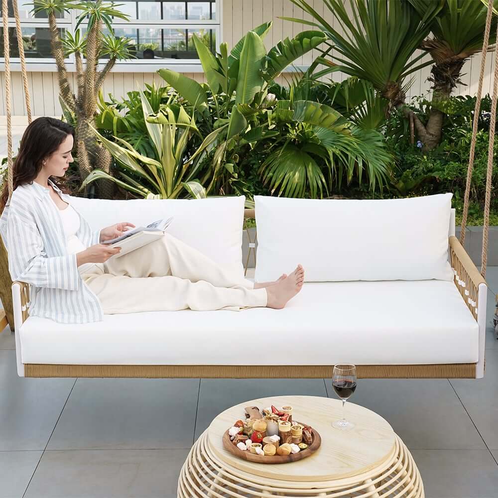 Boho 1-Seater Outdoor Swing Sofa with Handwoven Rope and Cushion