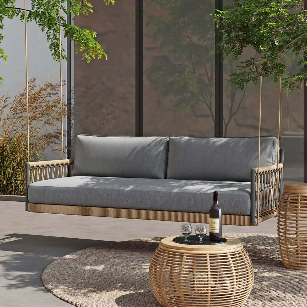 Boho 1-Seater Outdoor Swing Sofa with Handwoven Rope and Cushion