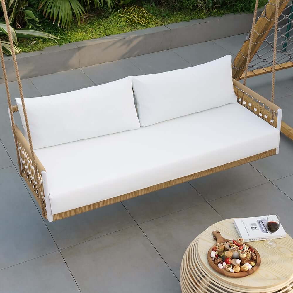 Boho 1-Seater Outdoor Swing Sofa with Handwoven Rope and Cushion
