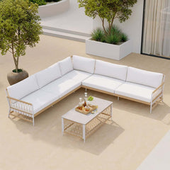 Boho Outdoor Sectional Sofa Set with Coffee Table - White Aluminum & Rope