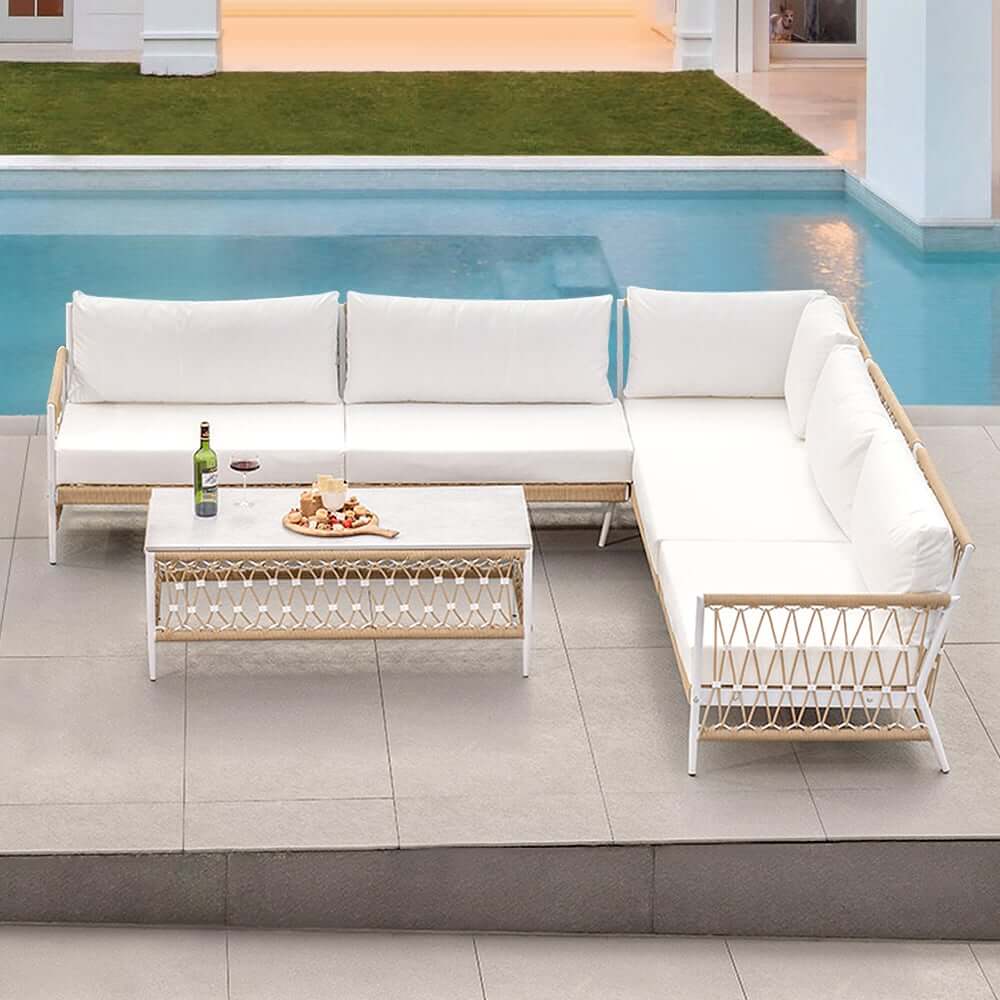 Boho Outdoor Sectional Sofa Set with Coffee Table - White Aluminum & Rope