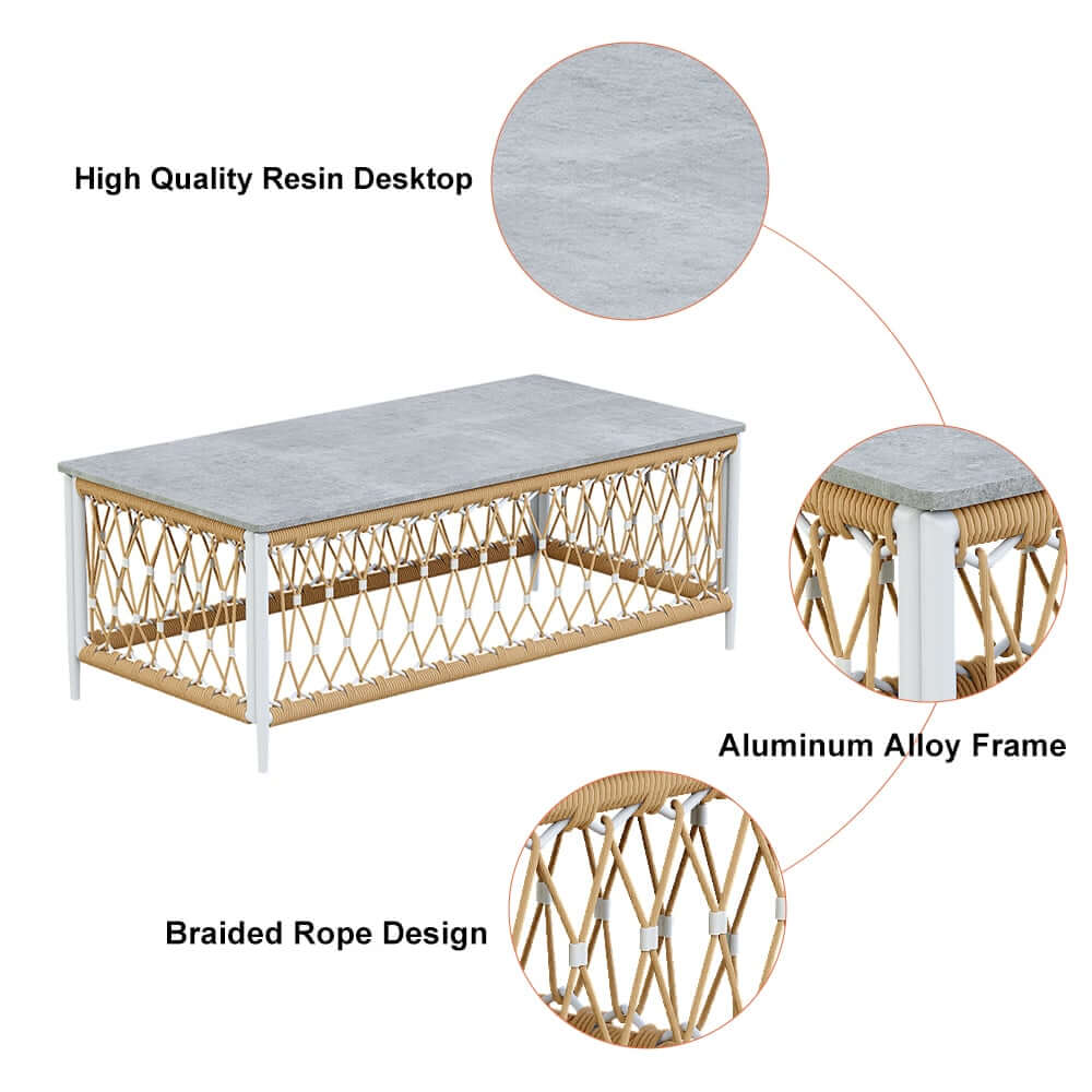 Boho Outdoor Sectional Sofa Set with Coffee Table - White Aluminum & Rope