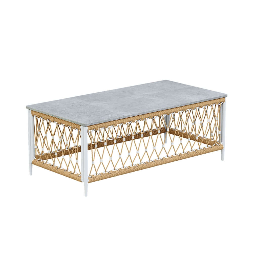 Boho Outdoor Sectional Sofa Set with Coffee Table - White Aluminum & Rope