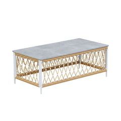 Boho Outdoor Sectional Sofa Set with Coffee Table - White Aluminum & Rope