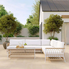 Boho Outdoor Sectional Sofa Set with Coffee Table - White Aluminum & Rope