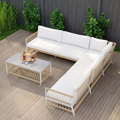 Boho Outdoor Sectional Sofa Set with Coffee Table - White Aluminum & Rope