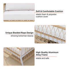 Boho Outdoor Sectional Sofa Set with Coffee Table - White Aluminum & Rope