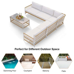 Boho Outdoor Sectional Sofa Set with Coffee Table - White Aluminum & Rope