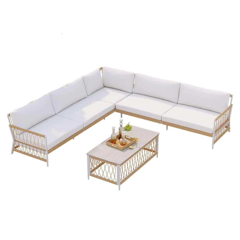 Boho Outdoor Sectional Sofa Set with Coffee Table - White Aluminum & Rope