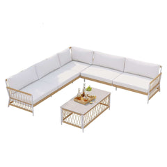 Boho Outdoor Sectional Sofa Set with Coffee Table - White Aluminum & Rope