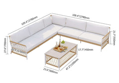 Boho Outdoor Sectional Sofa Set with Coffee Table - White Aluminum & Rope Dimensions
