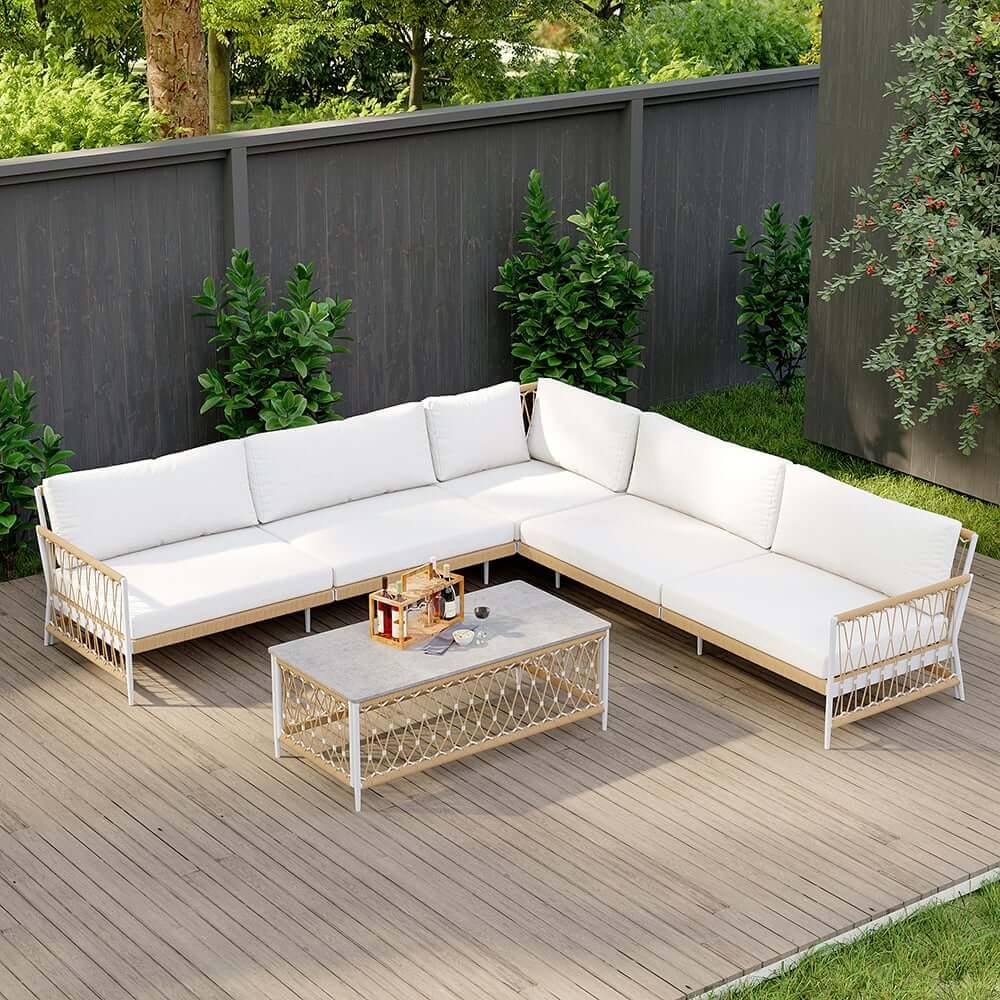 Boho Outdoor Sectional Sofa Set with Coffee Table - White Aluminum & Rope Main Product Image