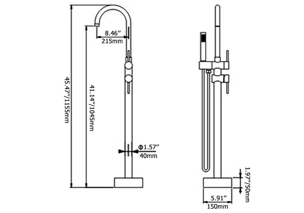 Brewst Freestanding Bathtub Faucet with Hand Shower in Brushed Nickel Dimensions