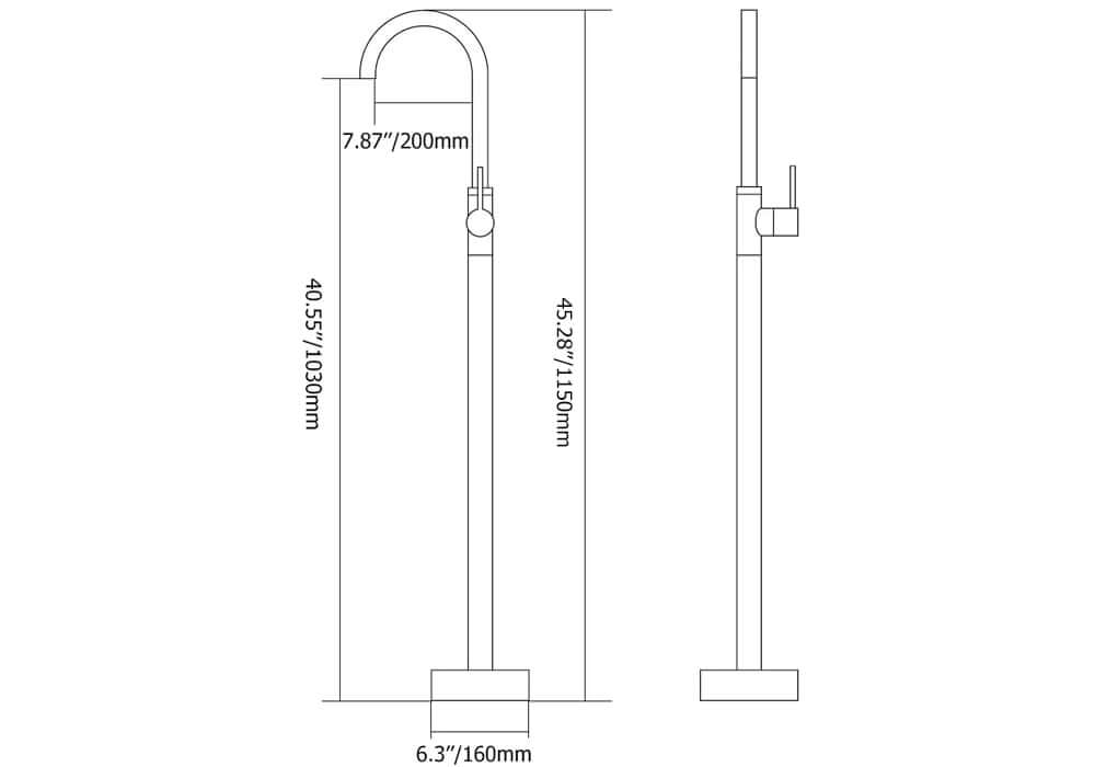 Brewst Modern Freestanding Bathtub Faucet in Matte Black Brass Dimensions