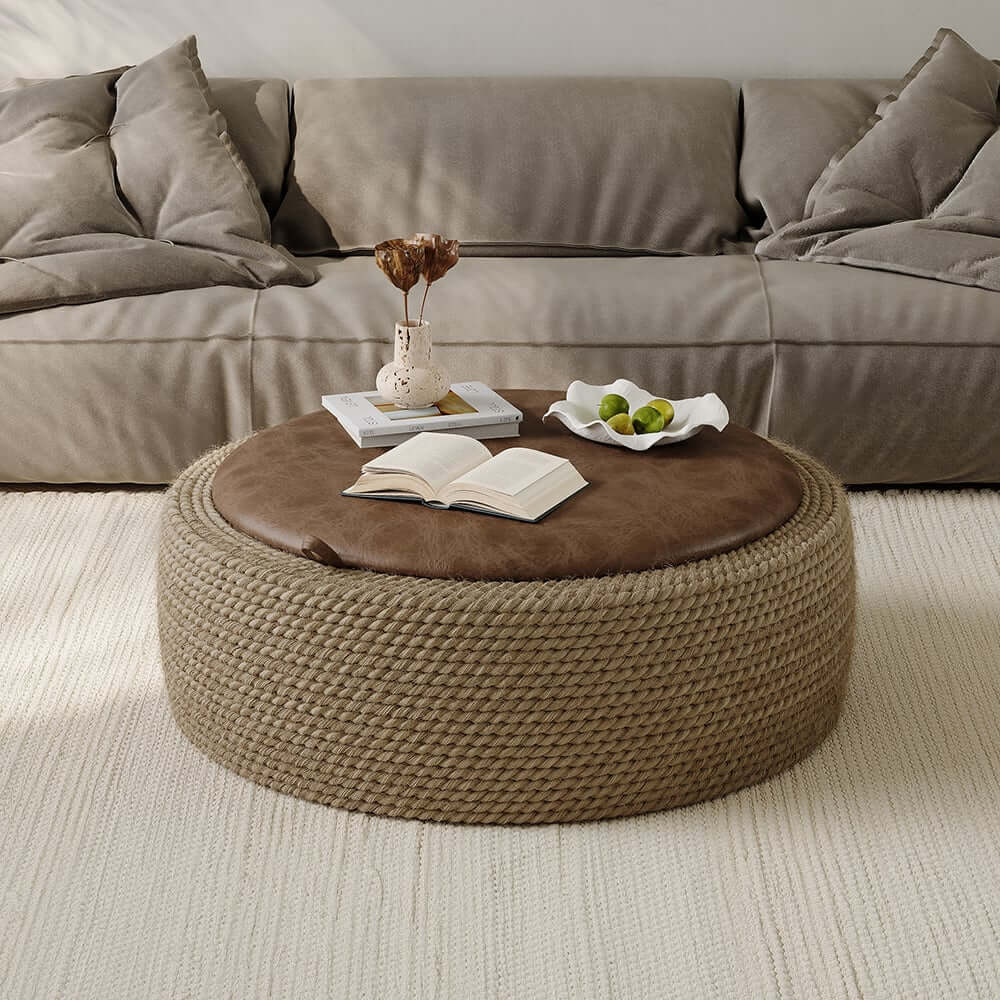 Brown Faux Leather Coastal Drum Coffee Table With Storage