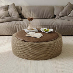 Brown Faux Leather Coastal Drum Coffee Table With Storage