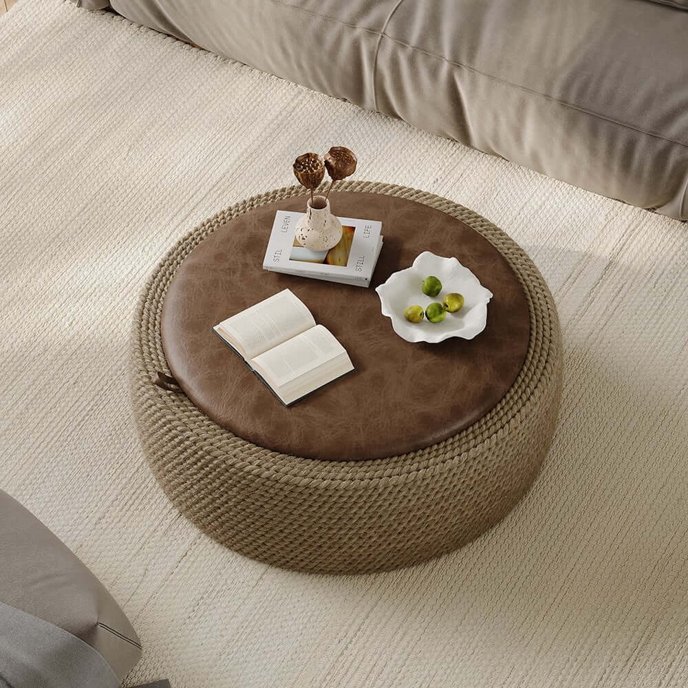 Brown Faux Leather Coastal Drum Coffee Table With Storage