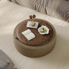 Brown Faux Leather Coastal Drum Coffee Table With Storage