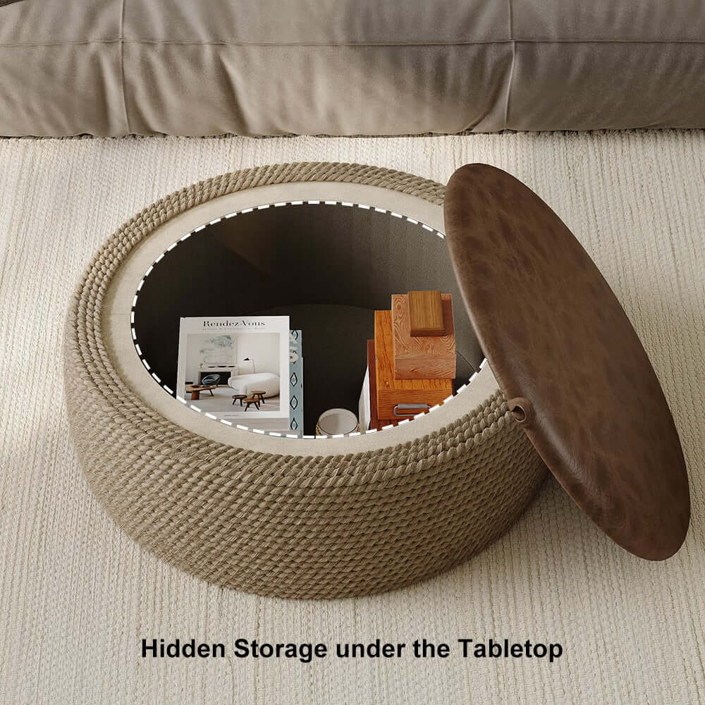 Brown Faux Leather Coastal Drum Coffee Table With Storage