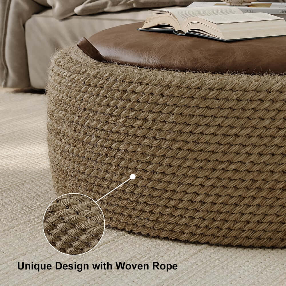 Brown Faux Leather Coastal Drum Coffee Table With Storage