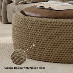 Brown Faux Leather Coastal Drum Coffee Table With Storage