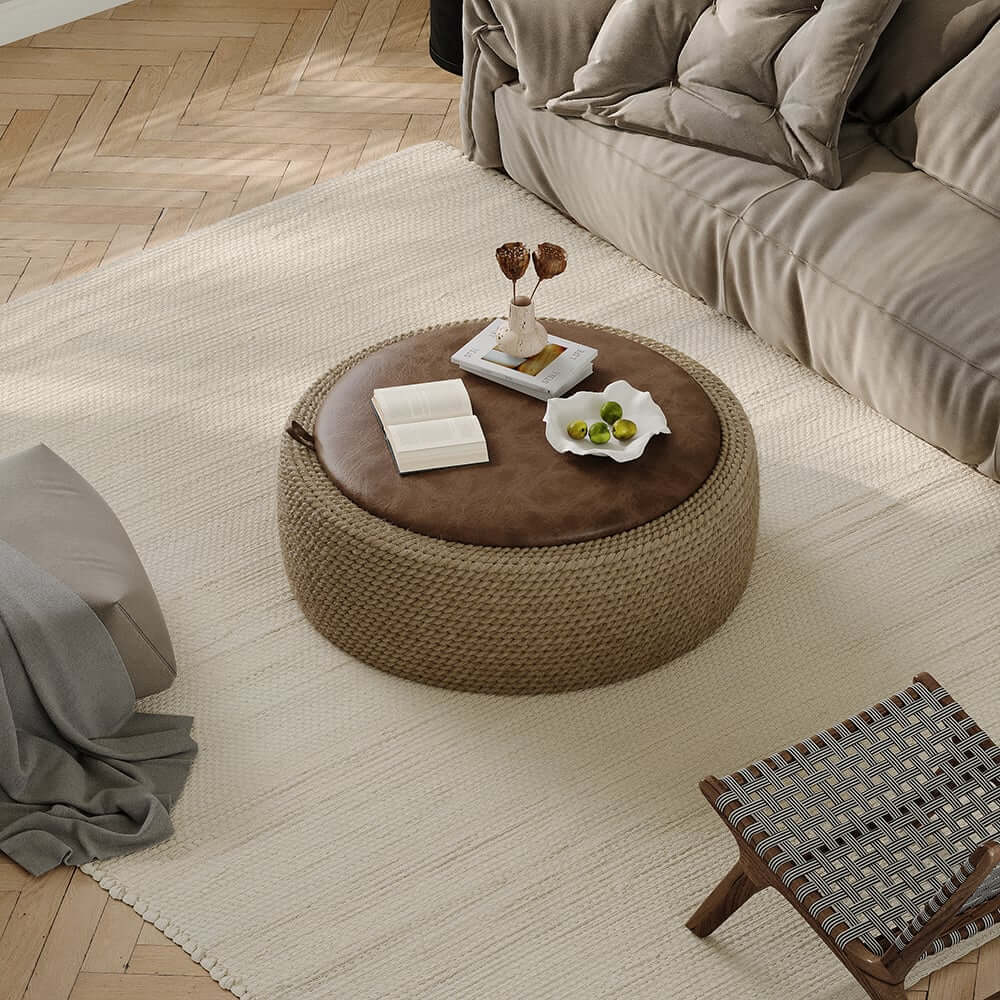 Brown Faux Leather Coastal Drum Coffee Table With Storage