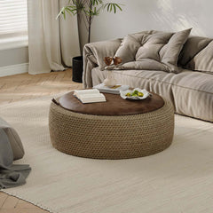 Brown Faux Leather Coastal Drum Coffee Table With Storage Main Product Image