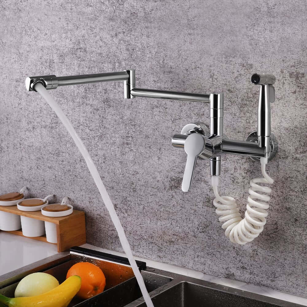 Brushed Nickel Modern Wall Mounted Kitchen Faucet with Pullout Spray