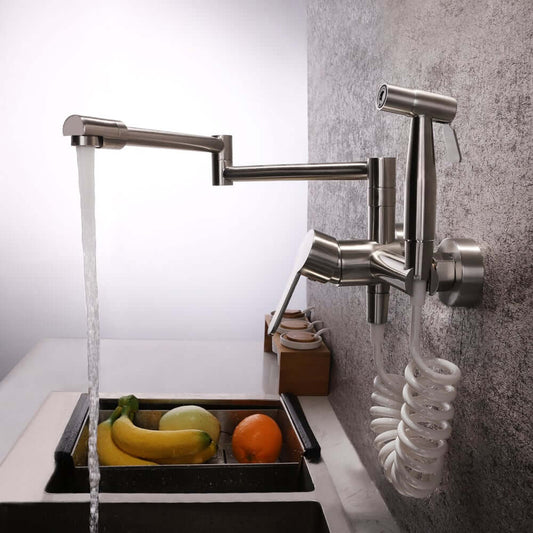 Brushed Nickel Modern Wall Mounted Kitchen Faucet with Pullout Spray Main Product Image