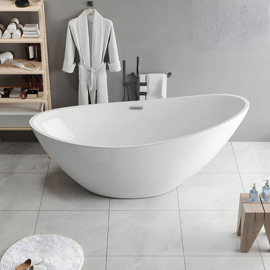 Contemporary Freestanding Soaking Bathtub Oval Slipper Acrylic Bathtub - White 59"L x 31.5"W x 32"H Tub Bathtubs