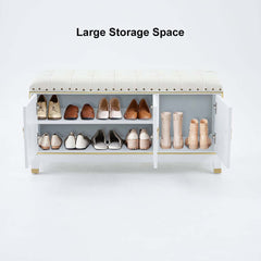 Champagne Faux Leather Storage Bench With Gold Accents