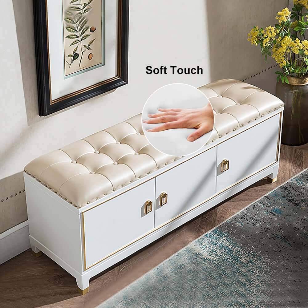 Champagne Faux Leather Storage Bench With Gold Accents