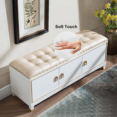 Champagne Faux Leather Storage Bench With Gold Accents