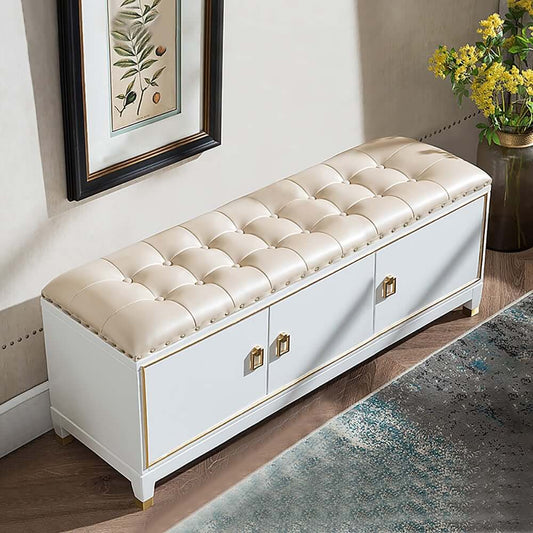 Champagne Faux Leather Storage Bench With Gold Accents Main Product Image