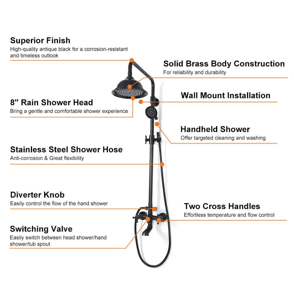 Chester Antique Black Brass Wall Mounted Shower System with Hand Shower