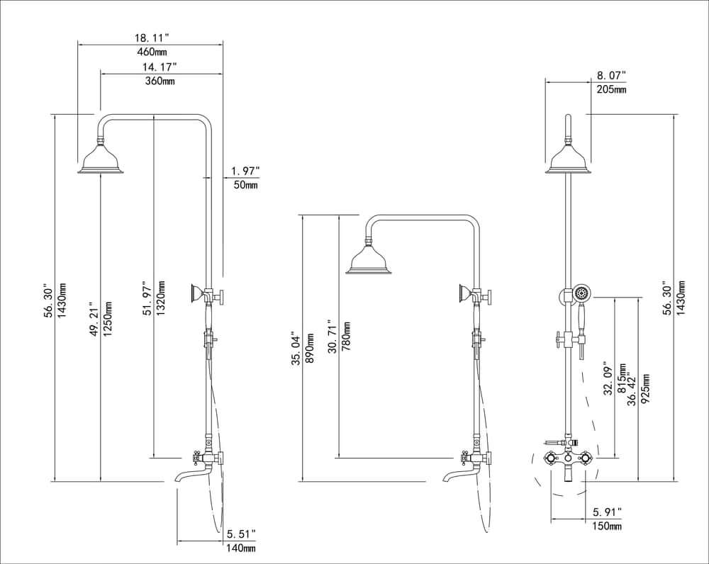 Chester Antique Black Brass Wall Mounted Shower System with Hand Shower Dimensions