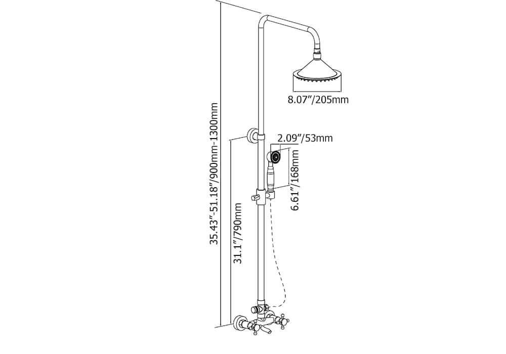 Chester Antique Black Brass Wall Mounted Shower System with Hand Shower Dimensions