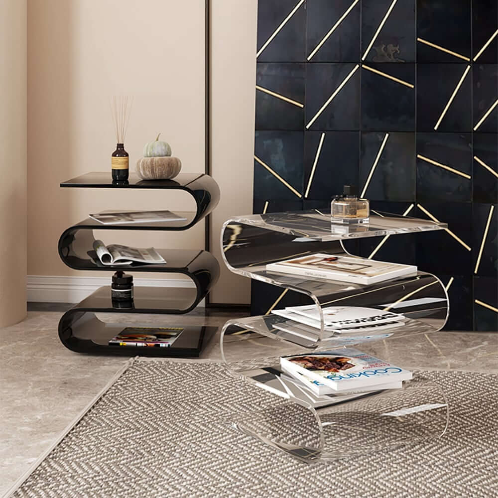 A clear acrylic end table with storage shelves, featuring a minimalist design that offers practical organization while maintaining an open and airy aesthetic.