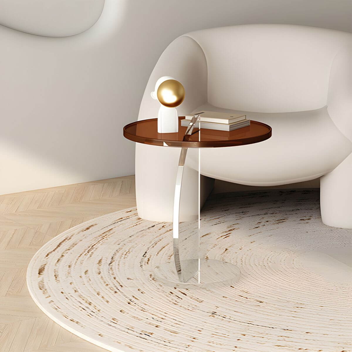 Clear Amber Round Pedestal Side Table with Dual-Layer Acrylic Base