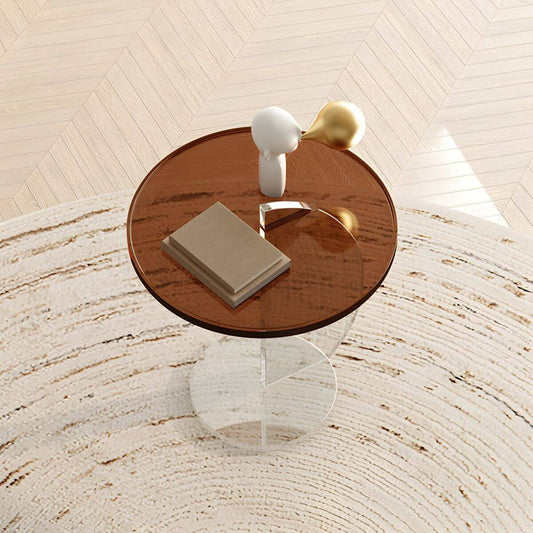 Clear Amber Round Pedestal Side Table with Dual-Layer Acrylic Base