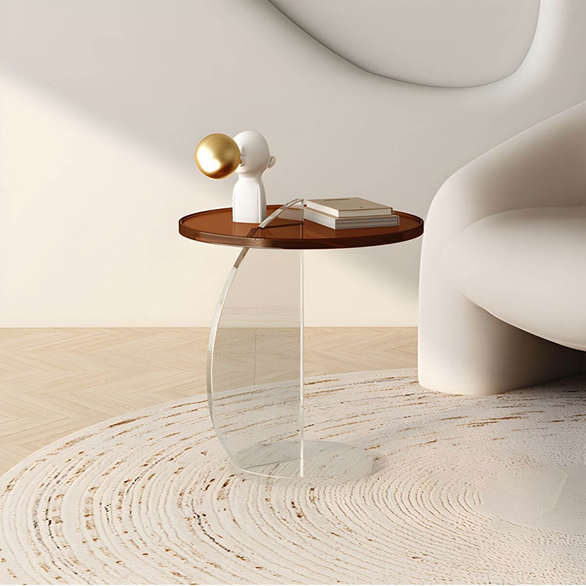 Clear Amber Round Pedestal Side Table with Dual-Layer Acrylic Base