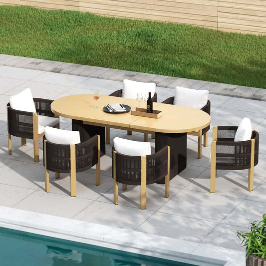 Coastal 7-Piece Extendable Outdoor Dining Set with Handwoven Rope