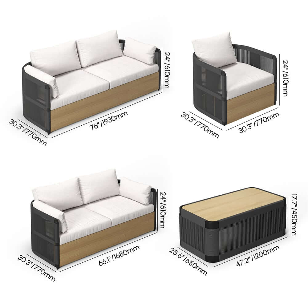 Coastal Aluminum Outdoor Furniture Set with Swivel Chairs and Table Dimensions