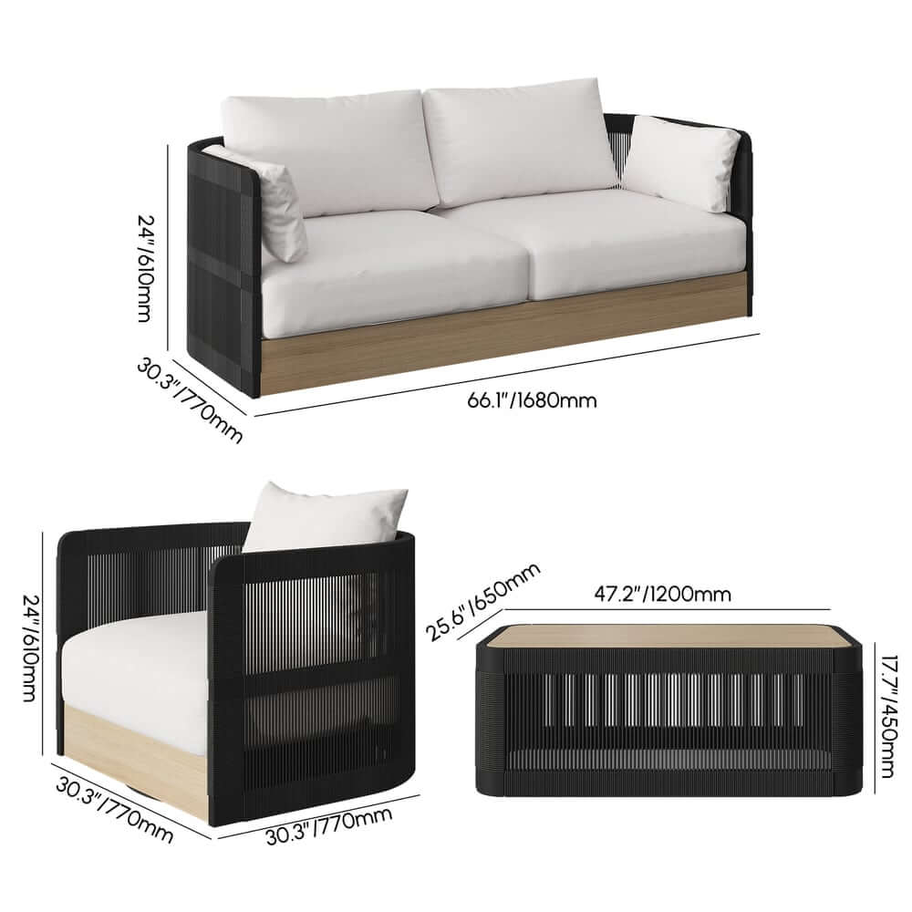 Coastal Aluminum Outdoor Furniture Set with Swivel Chairs and Table Dimensions